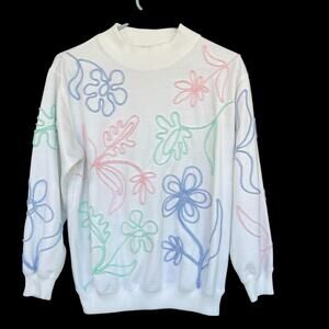 Vintage Blast Sweater Womens Small White Floral Pastel Embroidered Pullover‎ 90s
